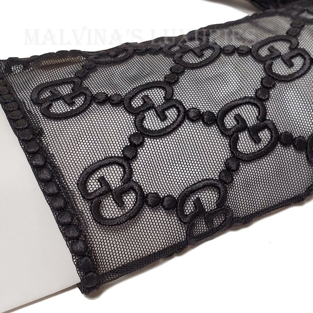 GUCCI GLOVES 787379 BLACK TULLE w GG LOGO MOTIF EMBROIDERY sz 8 / L - Picture 8 of 14